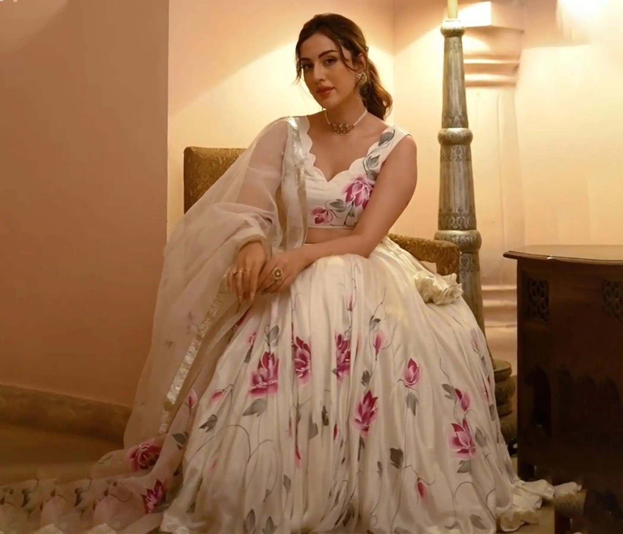 Hand Painted Ivory Floral Lehenga Set for Women | Designer Artisan Lehenga